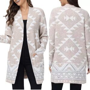 FRYE Aztec Print Cardigan Sweater Beige White Medium M